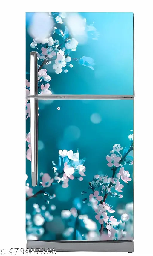 61x160cm Double Door Fridge Sticker, Cherry Blossom Flower Design, Waterproof Vinyl Refrigerator Wallpaper