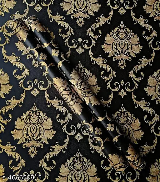 Wall Stickers DIY Wallpaper (45 x 250 cm) Black Damask Luxury Self Adhesive Decals Living Room Bedroom Decoration, Black