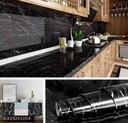 (Pack of 3) Marble Sticker Wallpaper for Home Walls 2M Marble Wall Paper for Bathroom Design Self Adhesive Waterproof Removable wall paper Roll Oil Proof Kitchen Countertop Cabinet Furniture Laptop (Black, 60 x 200 cm)