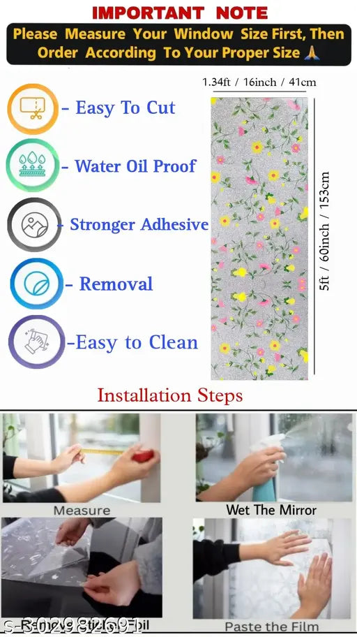 (41x153)CM Multi Sparkle Flower Window Films Privacy Glass Film Self Adhesive Decorative Film for Bathroom/Door Window/Heat Control/Sidelight/Anti UV Control Stickers