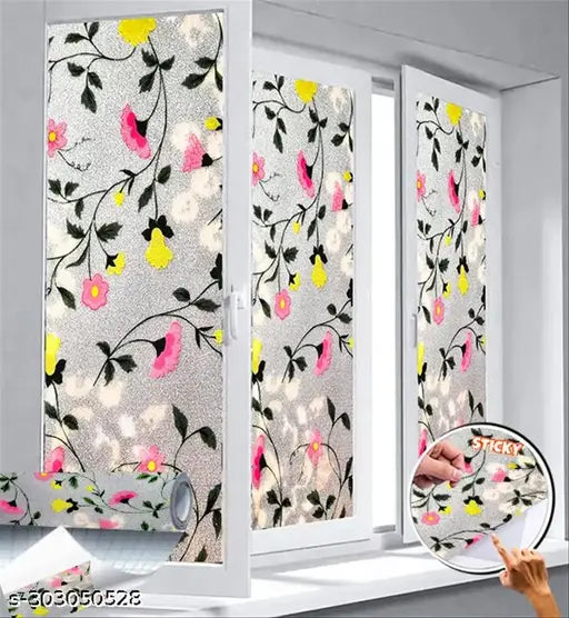 (41x153)CM Yellow Pink Flower Window Films Privacy Glass Film Self Adhesive Decorative Film for Bathroom/Door Window/Heat Control/Sidelight/Anti UV Control Stickers