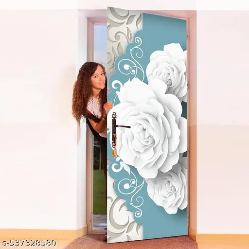 MR PRINTART Decorative Door Wallpaper Self-Adhesive | Flower floral design featuring voluminous white roses and intricate teal scrollwork. Wallpaper for Doors Furniture | Extra Large Vinyl Wall Sticker Waterproof Oilproof (30 x 78 inch)