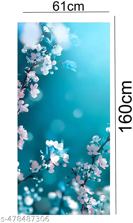 61x160cm Double Door Fridge Sticker, Cherry Blossom Flower Design, Waterproof Vinyl Refrigerator Wallpaper