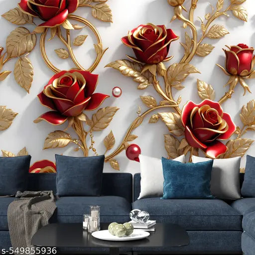 40 x 100Cm(PACK OF 3PCS) Red Rose 3D wallpaper SLEF Adhesive Wallpaper for Living Room Bed Room Kitchen Hall Peel and Stick Vinyl