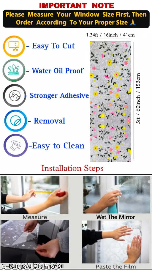 (41x153)CM Yellow Pink Flower Window Films Privacy Glass Film Self Adhesive Decorative Film for Bathroom/Door Window/Heat Control/Sidelight/Anti UV Control Stickers