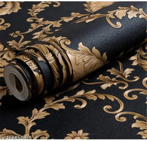 Wall Stickers DIY Wallpaper (45 x 250 cm) Black Damask Luxury Self Adhesive Decals Living Room Bedroom Decoration, Black