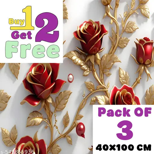 40 x 100Cm(PACK OF 3PCS) Red Rose 3D wallpaper SLEF Adhesive Wallpaper for Living Room Bed Room Kitchen Hall Peel and Stick Vinyl