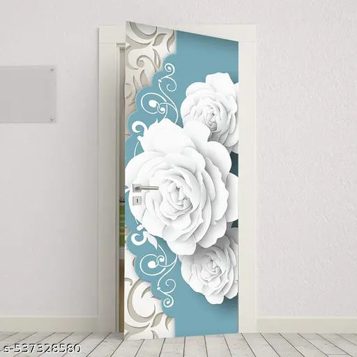 MR PRINTART Decorative Door Wallpaper Self-Adhesive | Flower floral design featuring voluminous white roses and intricate teal scrollwork. Wallpaper for Doors Furniture | Extra Large Vinyl Wall Sticker Waterproof Oilproof (30 x 78 inch)