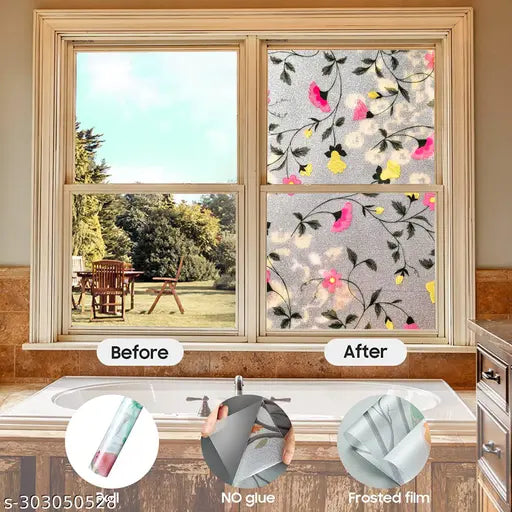 (41x153)CM Yellow Pink Flower Window Films Privacy Glass Film Self Adhesive Decorative Film for Bathroom/Door Window/Heat Control/Sidelight/Anti UV Control Stickers