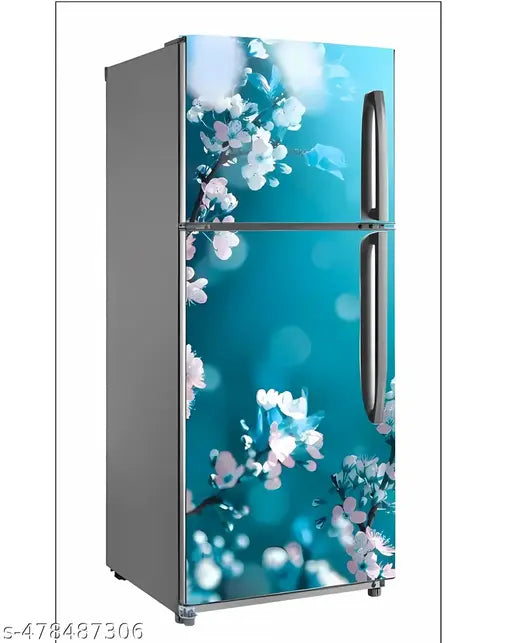 61x160cm Double Door Fridge Sticker, Cherry Blossom Flower Design, Waterproof Vinyl Refrigerator Wallpaper