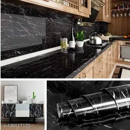 Black Marble Sticker For Kitchen Countertops Waterproof Black Marble Wallpaper Self Adhesive And Removable Marble Paper For Kitchen Bathroom Cabinet Furniture (60*200 Cm)