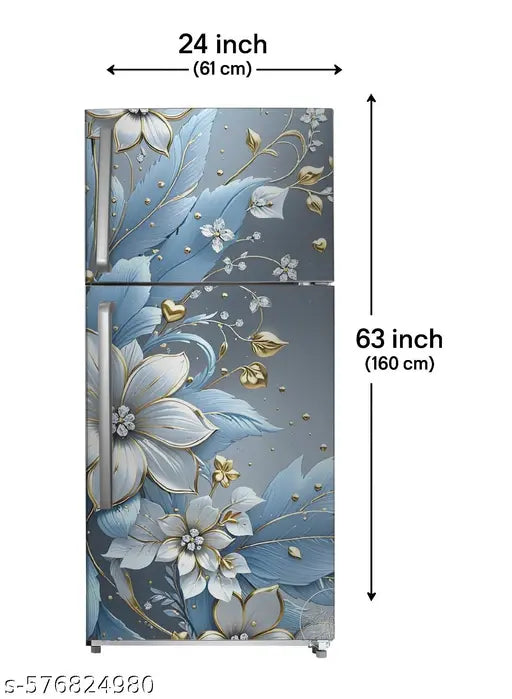 Double Door Refrigerator 60 x 160 cm Sapphire Elegance Fridge Sticker, White and Blue Blossoms with Gold Accents on Smoky Grey Background Design, Waterproof Vinyl Fridge Wallpaper Cover