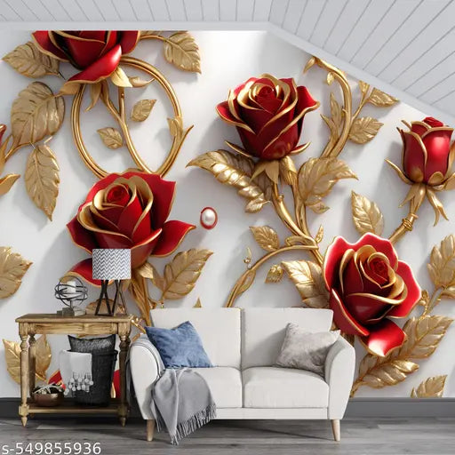 40 x 100Cm(PACK OF 3PCS) Red Rose 3D wallpaper SLEF Adhesive Wallpaper for Living Room Bed Room Kitchen Hall Peel and Stick Vinyl