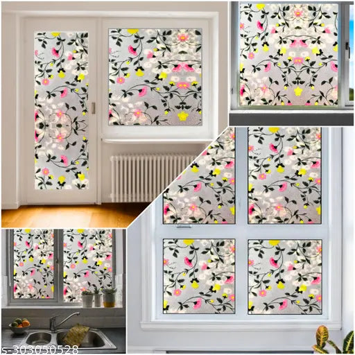 (41x153)CM Yellow Pink Flower Window Films Privacy Glass Film Self Adhesive Decorative Film for Bathroom/Door Window/Heat Control/Sidelight/Anti UV Control Stickers