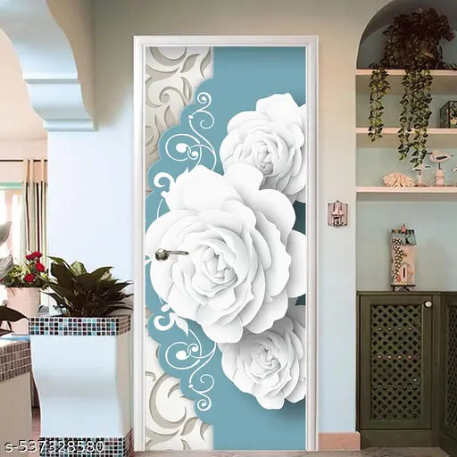 MR PRINTART Decorative Door Wallpaper Self-Adhesive | Flower floral design featuring voluminous white roses and intricate teal scrollwork. Wallpaper for Doors Furniture | Extra Large Vinyl Wall Sticker Waterproof Oilproof (30 x 78 inch)