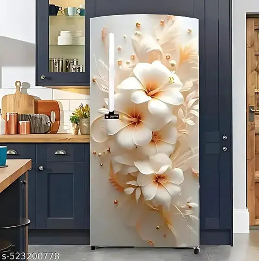 24x49 inch Floral Refrigerator Sticker, White Flower Pattern, Waterproof Vinyl Fridge Covering,Art And Craftt Store Delhi , #ArtAndCraftStoreDelhi #FloralFridgeDecor