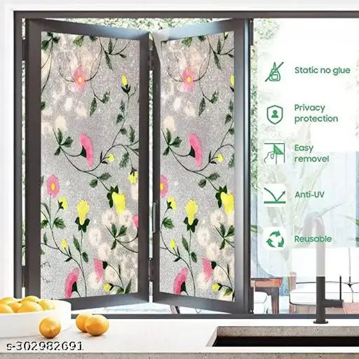 (41x153)CM Multi Sparkle Flower Window Films Privacy Glass Film Self Adhesive Decorative Film for Bathroom/Door Window/Heat Control/Sidelight/Anti UV Control Stickers