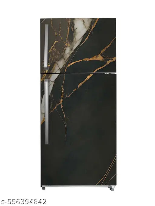 Double Door Refrigerator 61 x 160 cm Black & Gold Marble Fridge Sticker, Elegant Stone Design, Waterproof Vinyl Fridge Wallpaper