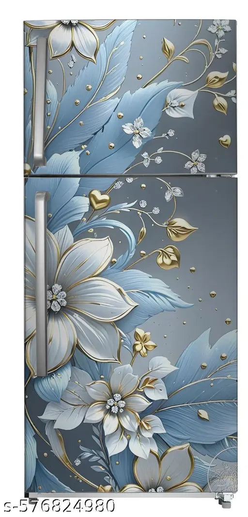 Double Door Refrigerator 60 x 160 cm Sapphire Elegance Fridge Sticker, White and Blue Blossoms with Gold Accents on Smoky Grey Background Design, Waterproof Vinyl Fridge Wallpaper Cover