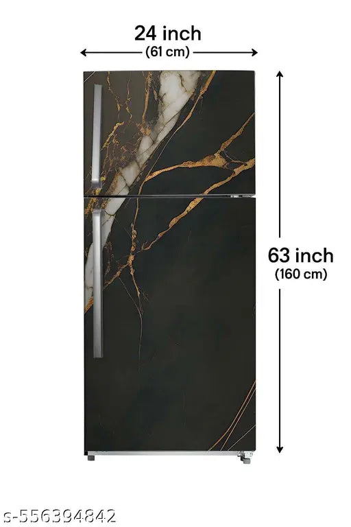Double Door Refrigerator 61 x 160 cm Black & Gold Marble Fridge Sticker, Elegant Stone Design, Waterproof Vinyl Fridge Wallpaper