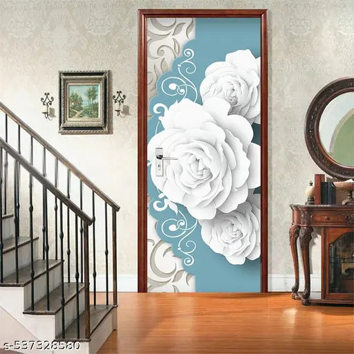MR PRINTART Decorative Door Wallpaper Self-Adhesive | Flower floral design featuring voluminous white roses and intricate teal scrollwork. Wallpaper for Doors Furniture | Extra Large Vinyl Wall Sticker Waterproof Oilproof (30 x 78 inch)